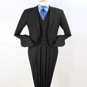 Pleated Suit - Mens Suits With Pleated Pant - Regular Fit Suit - Notch Lapel Bla